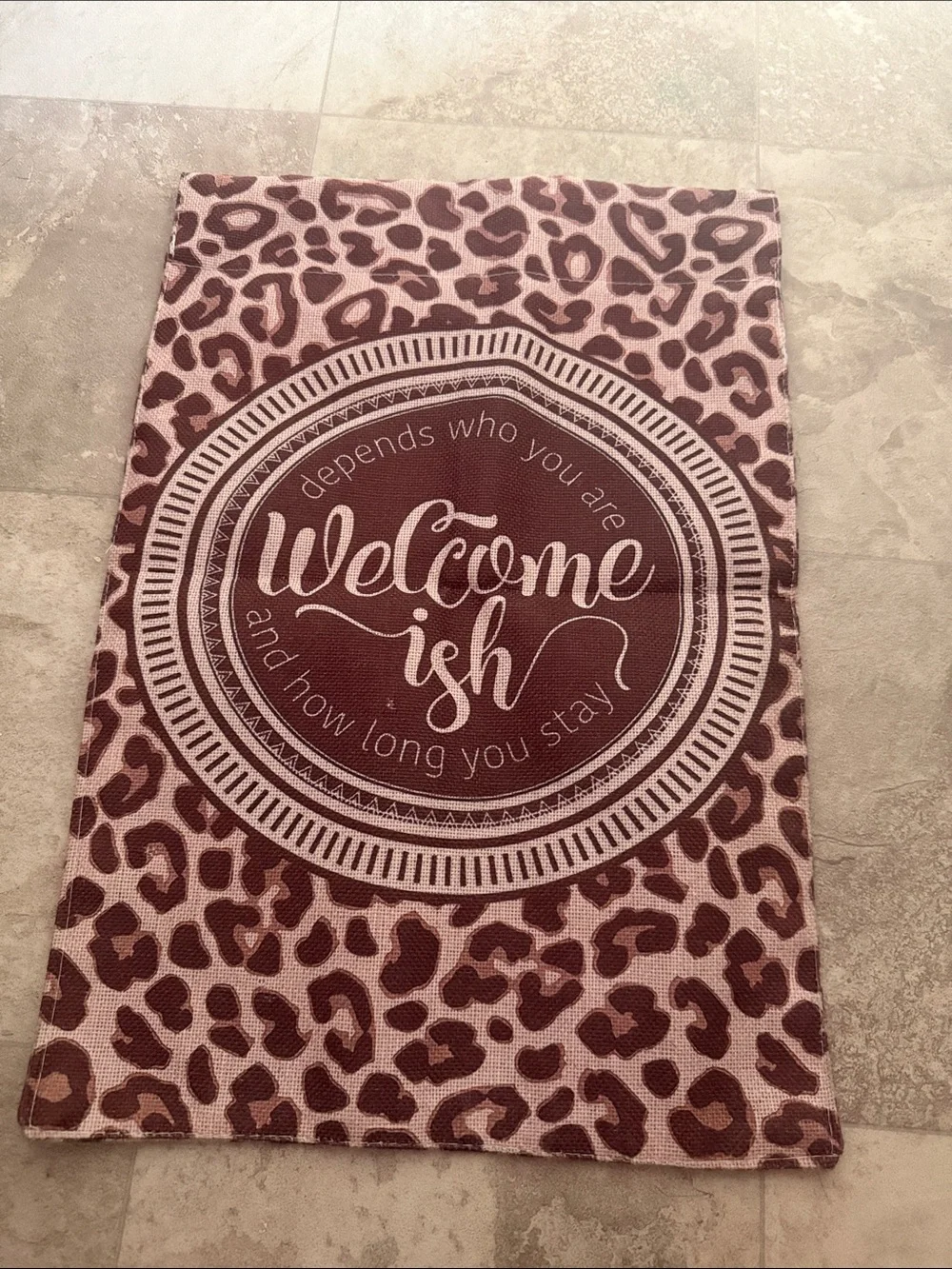 Welcome-ish Leopard Print Bath Mat - Pink/Burgundy